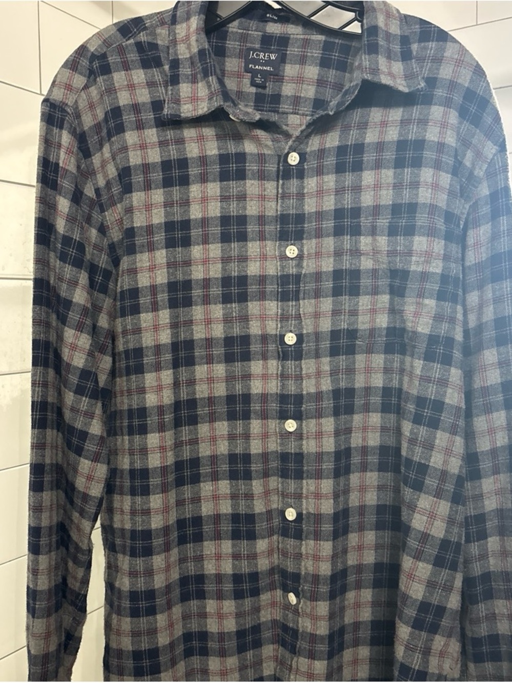 J. Crew Gray, Navy & Red Plaid Flannel Button-Down Shirt